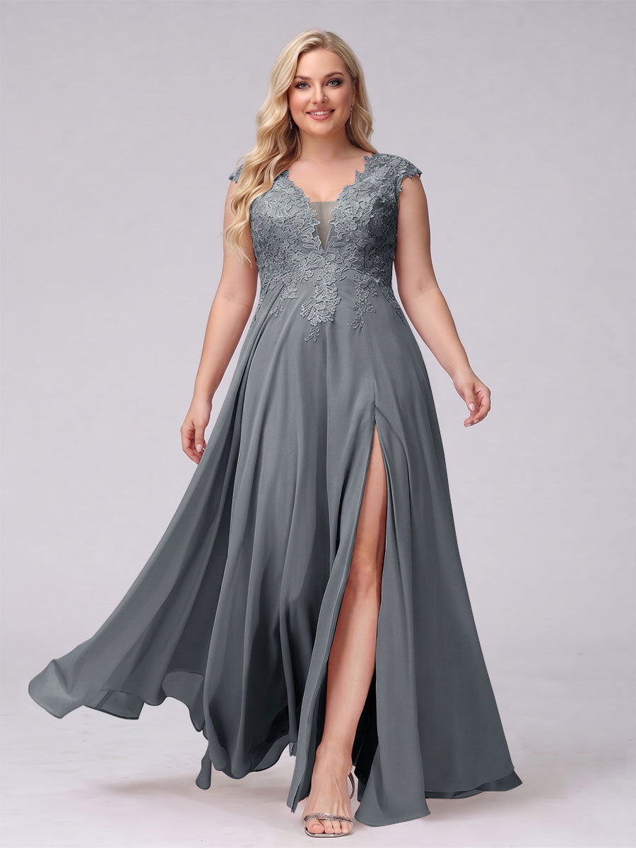 A-Line V-Neck Sleeveless Chiffon Long Plus Size Bridesmaid Dresses With Applique Split Side Gray