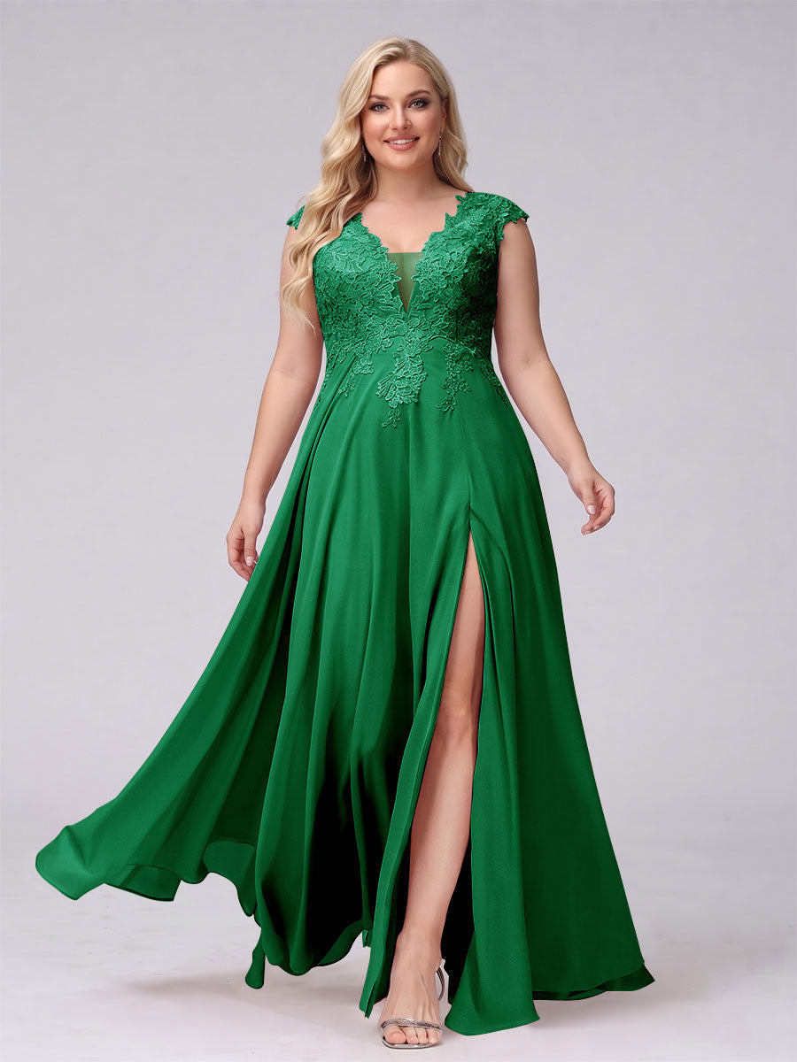A-Line V-Neck Sleeveless Chiffon Long Plus Size Bridesmaid Dresses With Applique Split Side Green