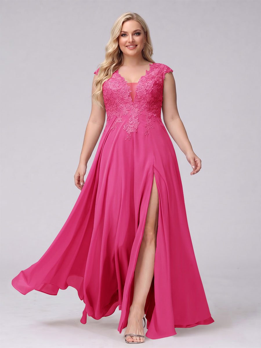 A-Line V-Neck Sleeveless Chiffon Long Plus Size Bridesmaid Dresses With Applique Split Side Hot Pink