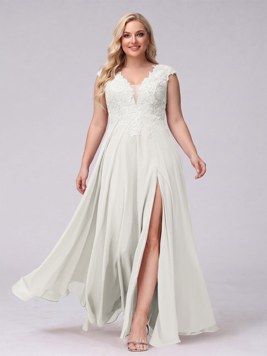 A-Line V-Neck Sleeveless Chiffon Long Plus Size Bridesmaid Dresses With Applique Split Side Ivory