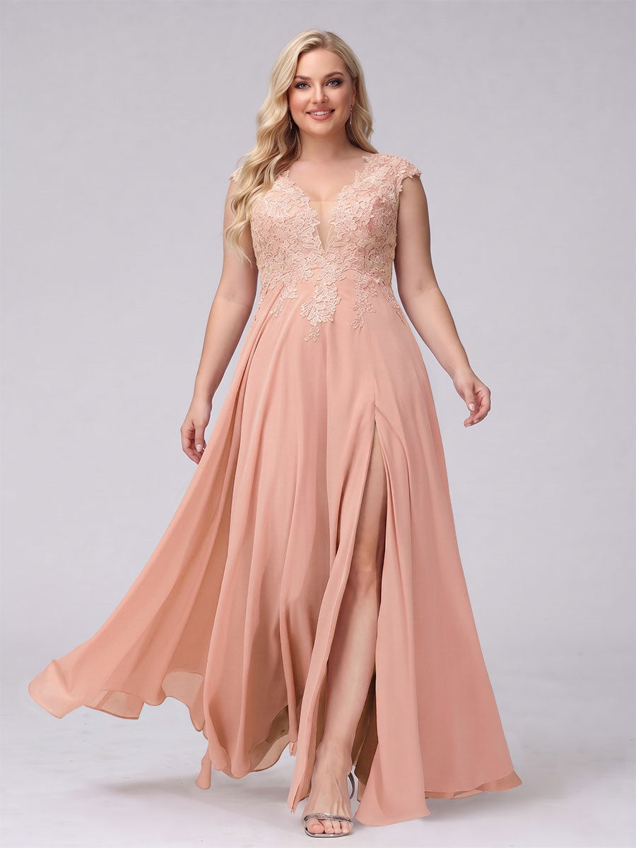 A-Line V-Neck Sleeveless Chiffon Long Plus Size Bridesmaid Dresses With Applique Split Side Lavender
