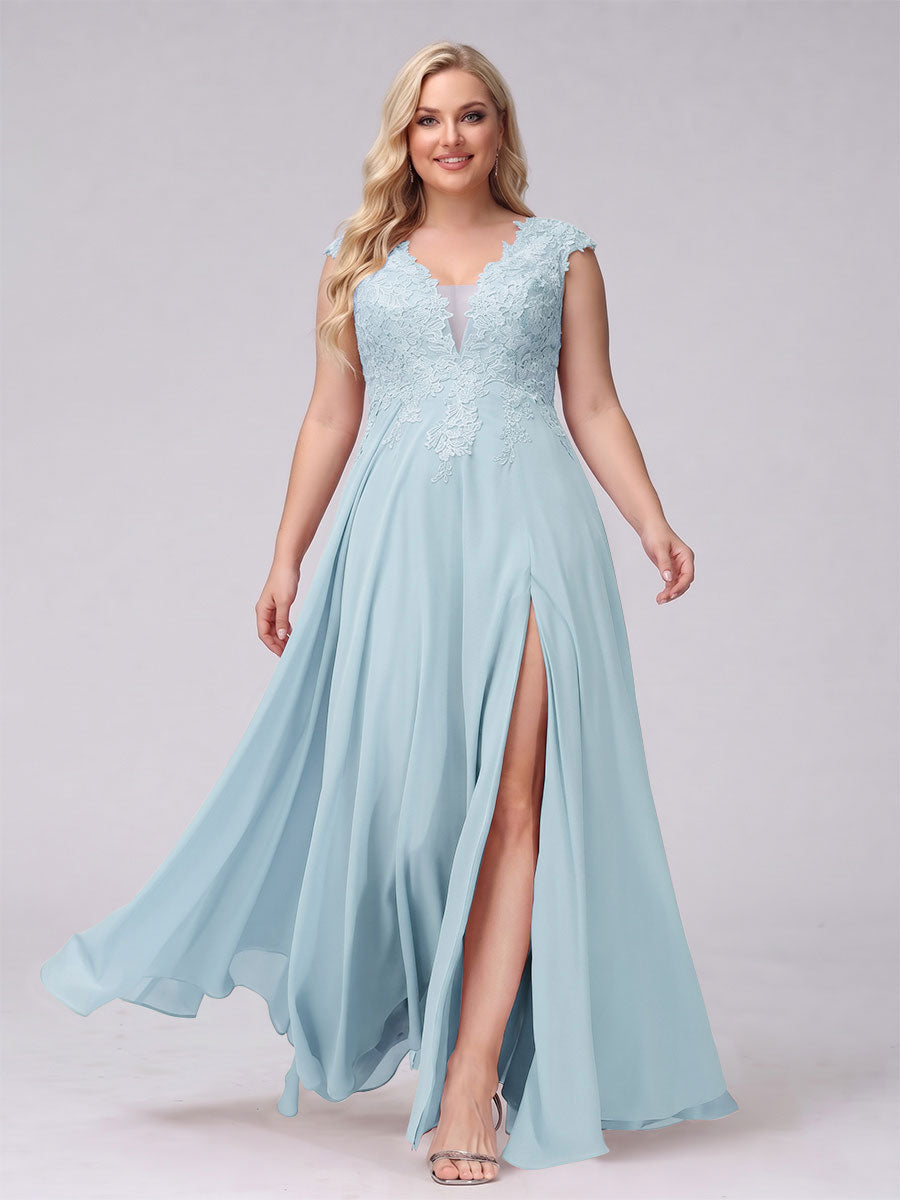 A-Line V-Neck Sleeveless Chiffon Long Plus Size Bridesmaid Dresses With Applique Split Side Light Blue