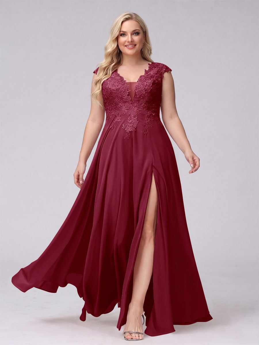 A-Line V-Neck Sleeveless Chiffon Long Plus Size Bridesmaid Dresses With Applique Split Side Light Burgundy