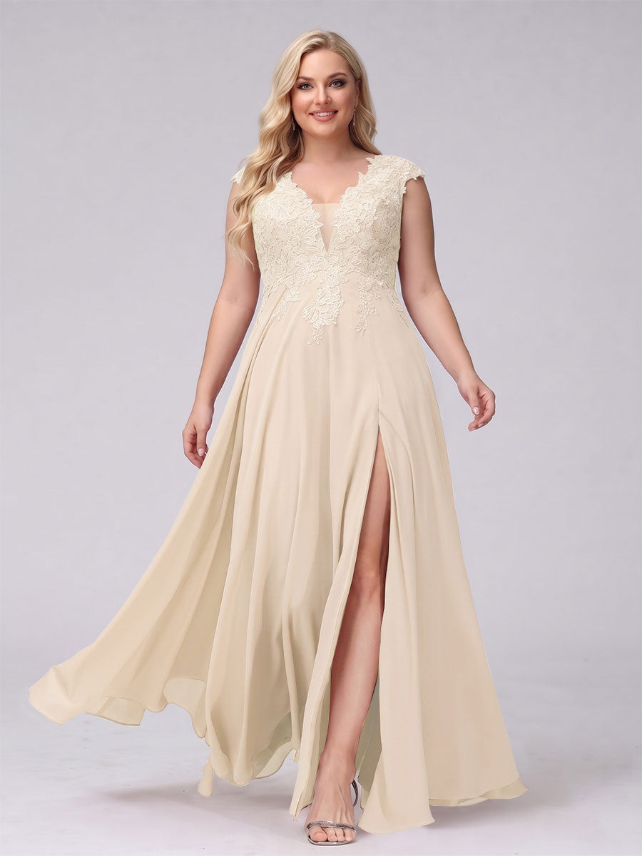 A-Line V-Neck Sleeveless Chiffon Long Plus Size Bridesmaid Dresses With Applique Split Side Light Champagne