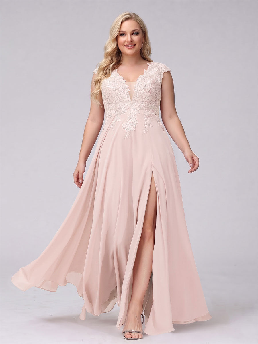 A-Line V-Neck Sleeveless Chiffon Long Plus Size Bridesmaid Dresses With Applique Split Side Light Pink