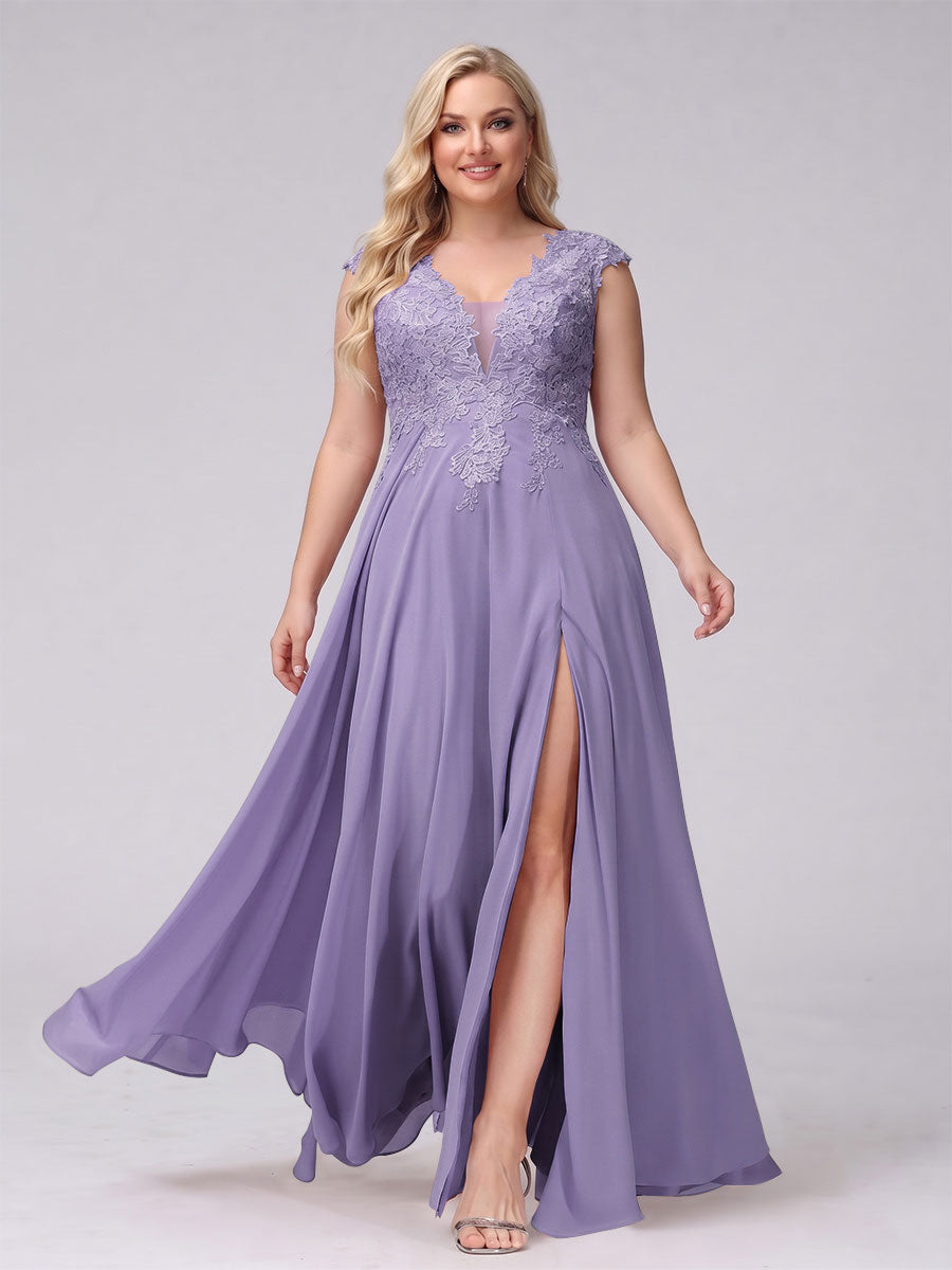 A-Line V-Neck Sleeveless Chiffon Long Plus Size Bridesmaid Dresses With Applique Split Side Light Purple