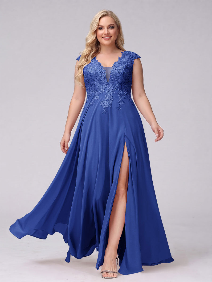 A-Line V-Neck Sleeveless Chiffon Long Plus Size Bridesmaid Dresses With Applique Split Side Light Royal Blue