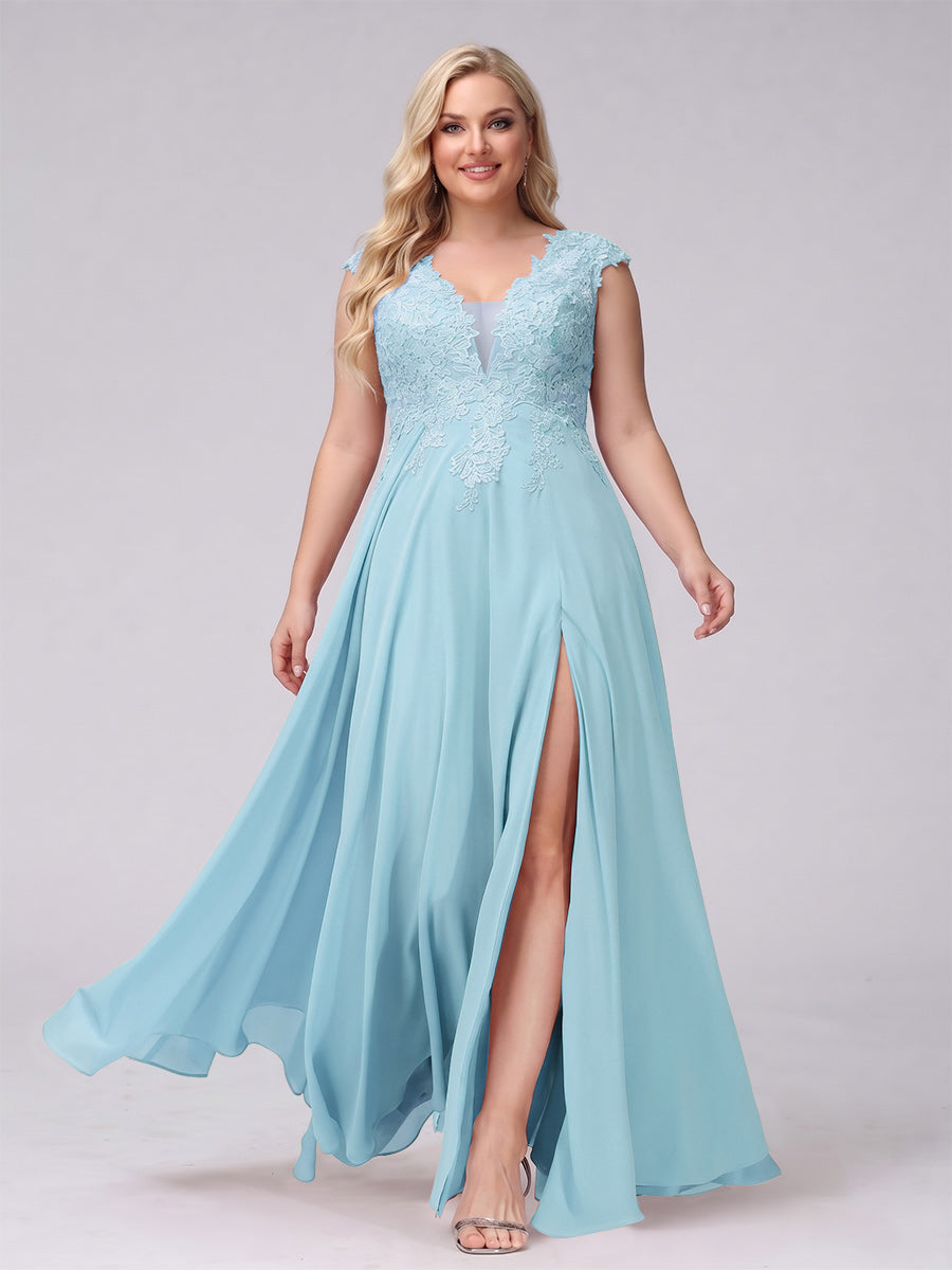 A-Line V-Neck Sleeveless Chiffon Long Plus Size Bridesmaid Dresses With Applique Split Side Light Sky Blue