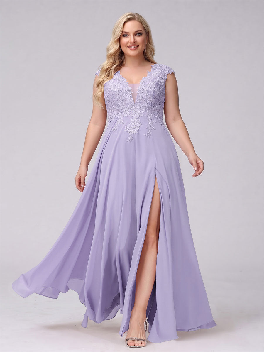 A-Line V-Neck Sleeveless Chiffon Long Plus Size Bridesmaid Dresses With Applique Split Side Lilac