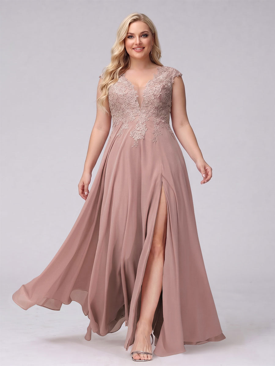 A-Line V-Neck Sleeveless Chiffon Long Plus Size Bridesmaid Dresses With Applique Split Side Mauve