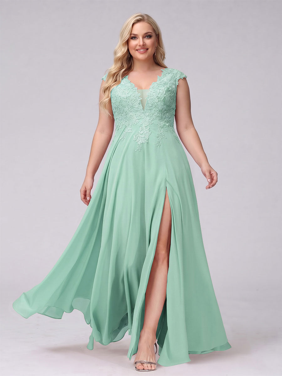 A-Line V-Neck Sleeveless Chiffon Long Plus Size Bridesmaid Dresses With Applique Split Side Mint Green