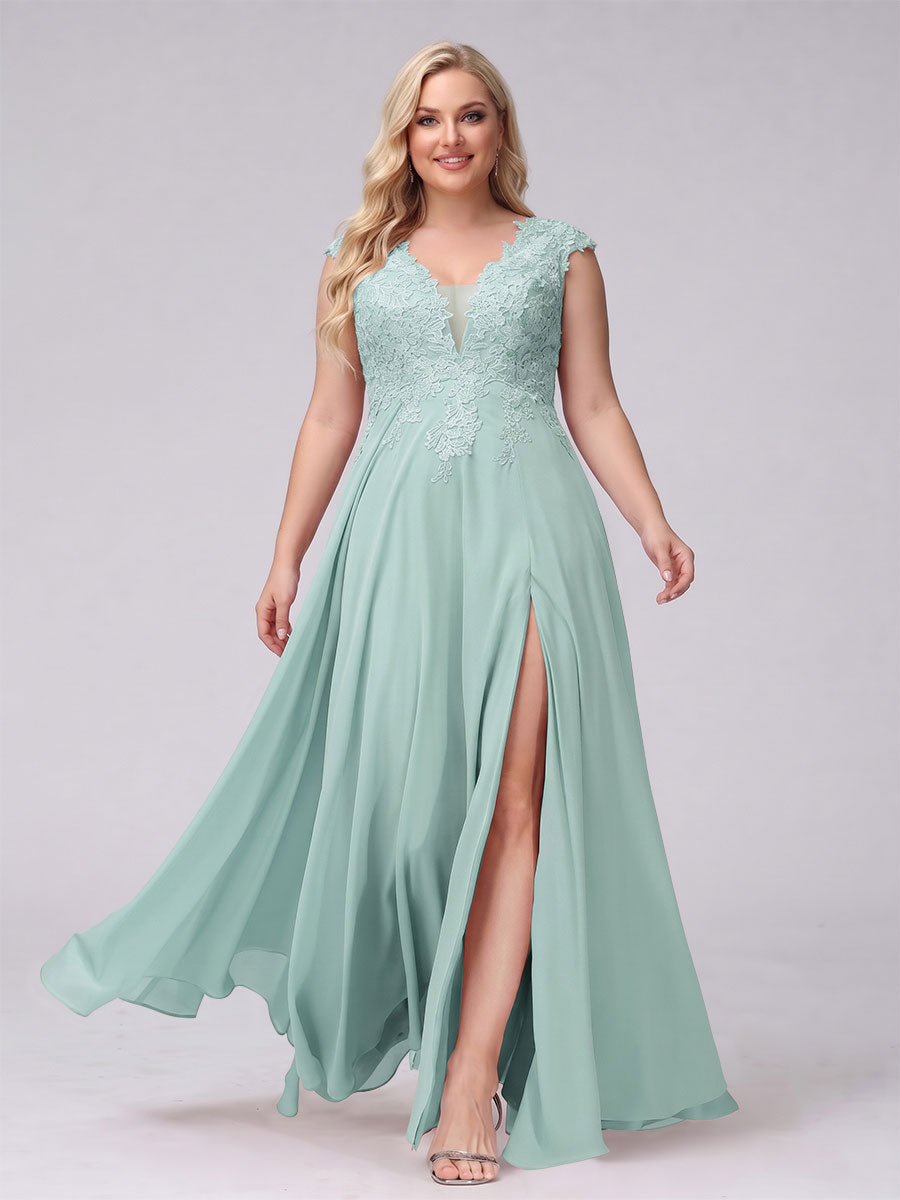 A-Line V-Neck Sleeveless Chiffon Long Plus Size Bridesmaid Dresses With Applique Split Side Mist Blue
