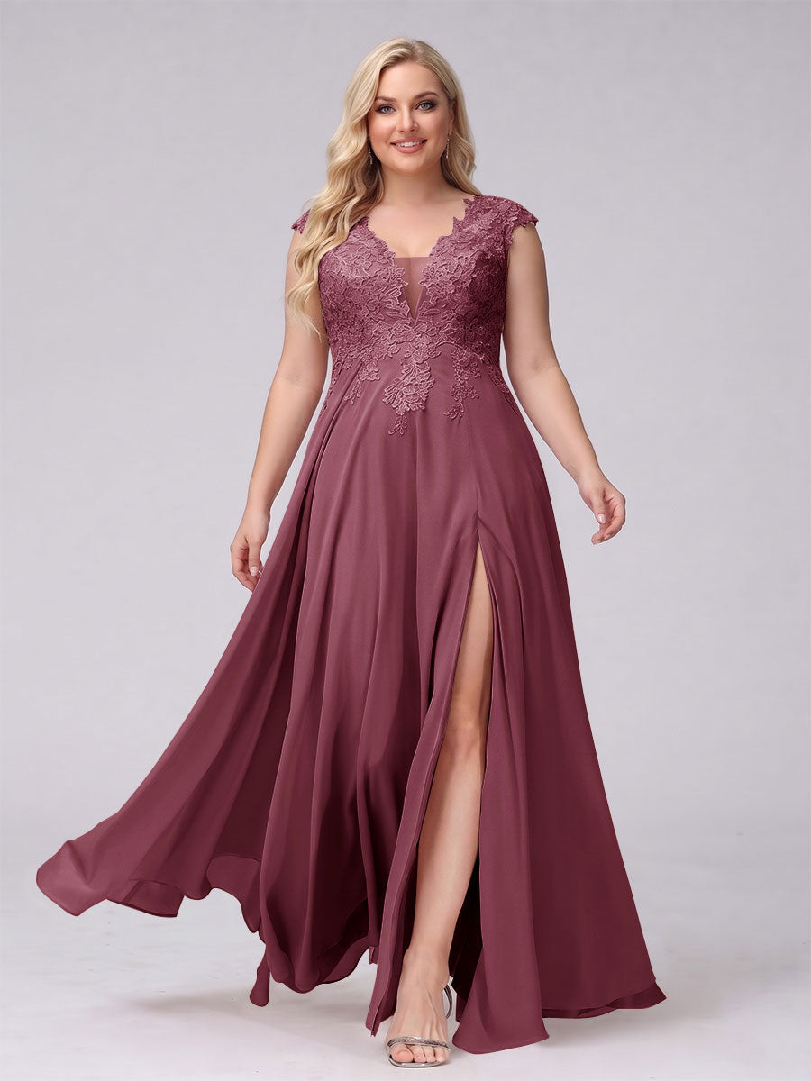 A-Line V-Neck Sleeveless Chiffon Long Plus Size Bridesmaid Dresses With Applique Split Side Mulberry