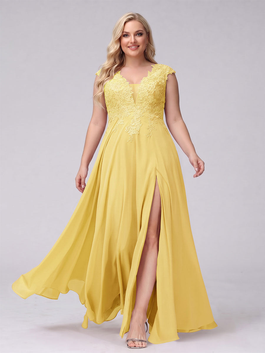 A-Line V-Neck Sleeveless Chiffon Long Plus Size Bridesmaid Dresses With Applique Split Side Mustard Yellow