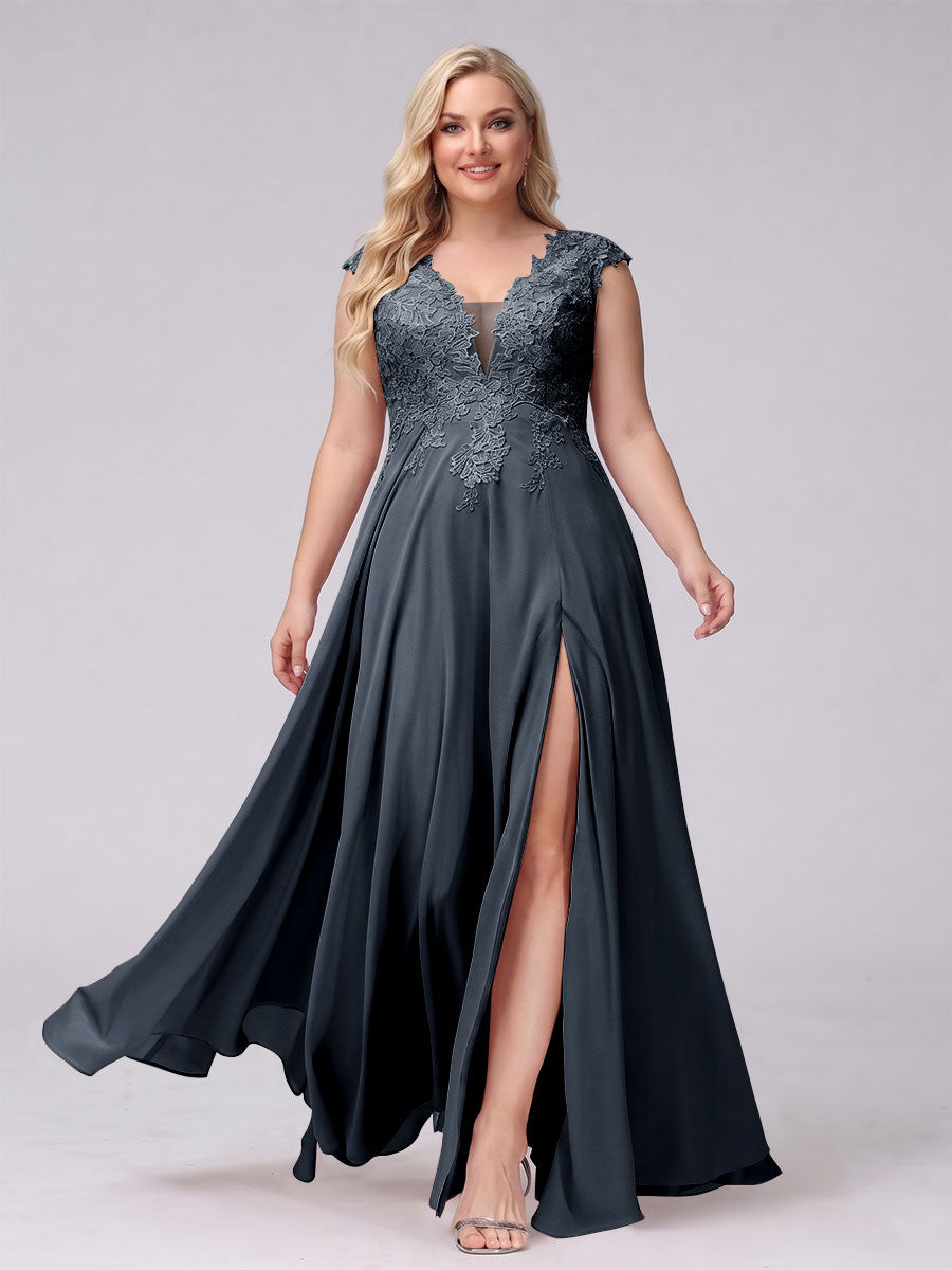 A-Line V-Neck Sleeveless Chiffon Long Plus Size Bridesmaid Dresses With Applique Split Side Navy Blue