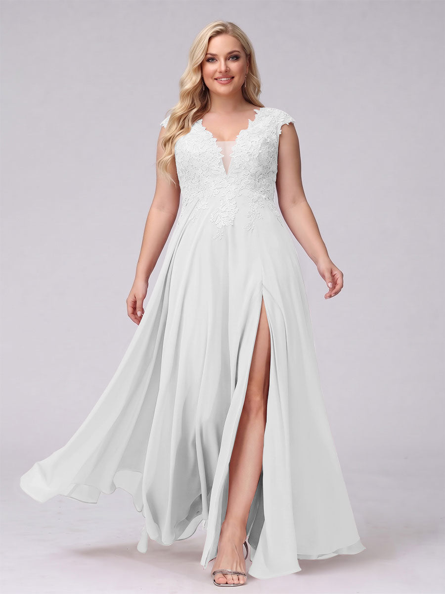 A-Line V-Neck Sleeveless Chiffon Long Plus Size Bridesmaid Dresses With Applique Split Side Off White