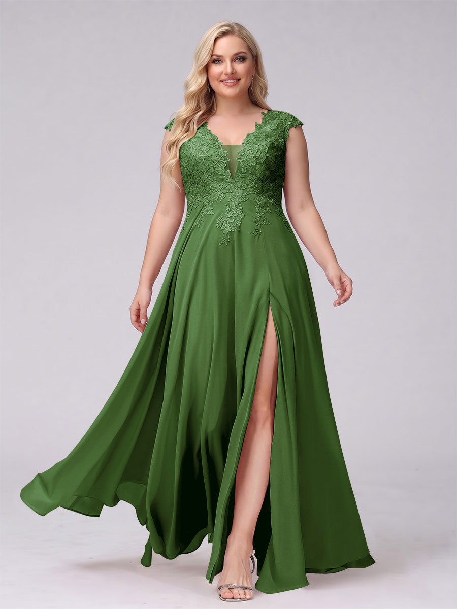 A-Line V-Neck Sleeveless Chiffon Long Plus Size Bridesmaid Dresses With Applique Split Side Olive Green