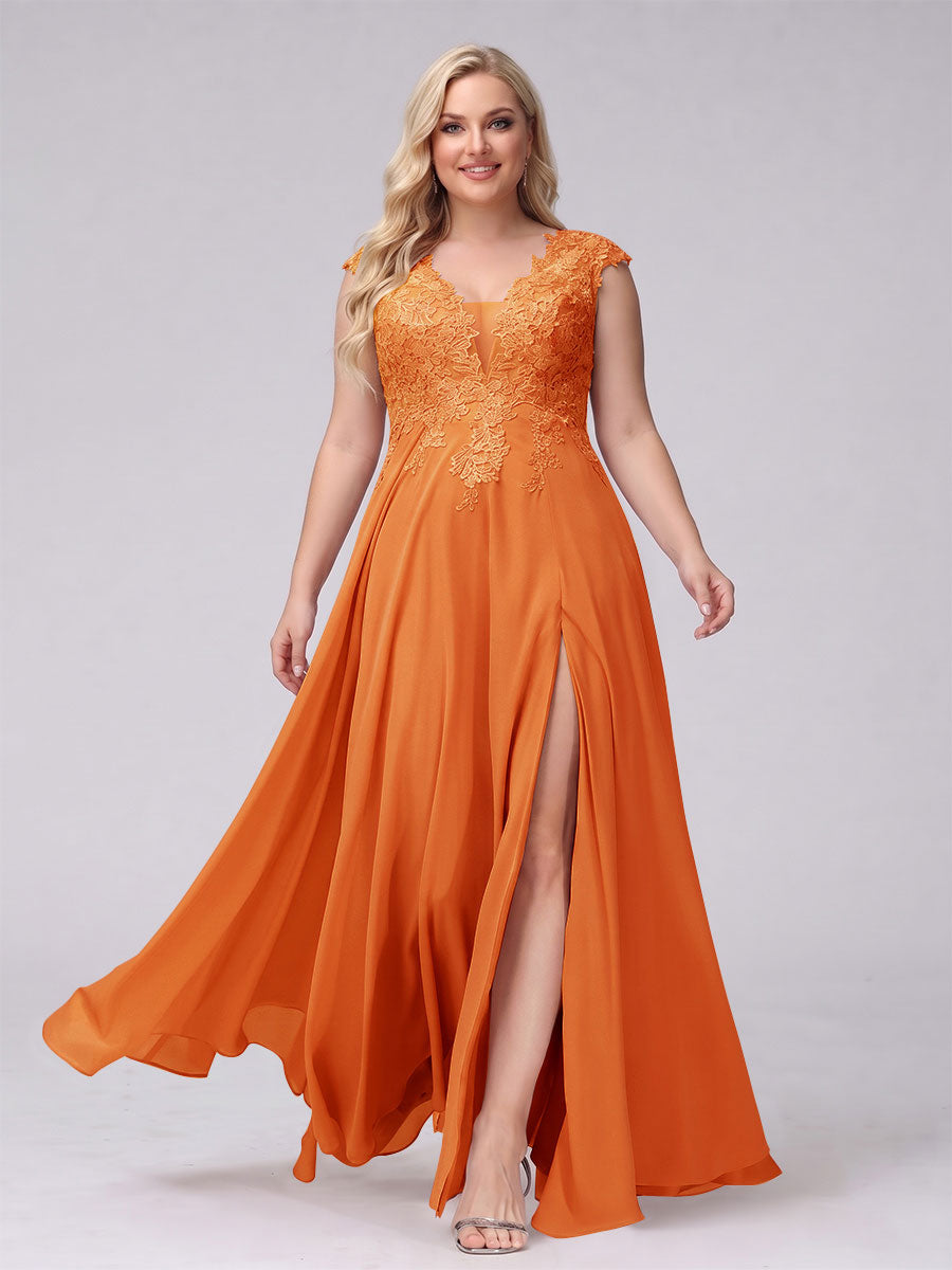 A-Line V-Neck Sleeveless Chiffon Long Plus Size Bridesmaid Dresses With Applique Split Side Orange
