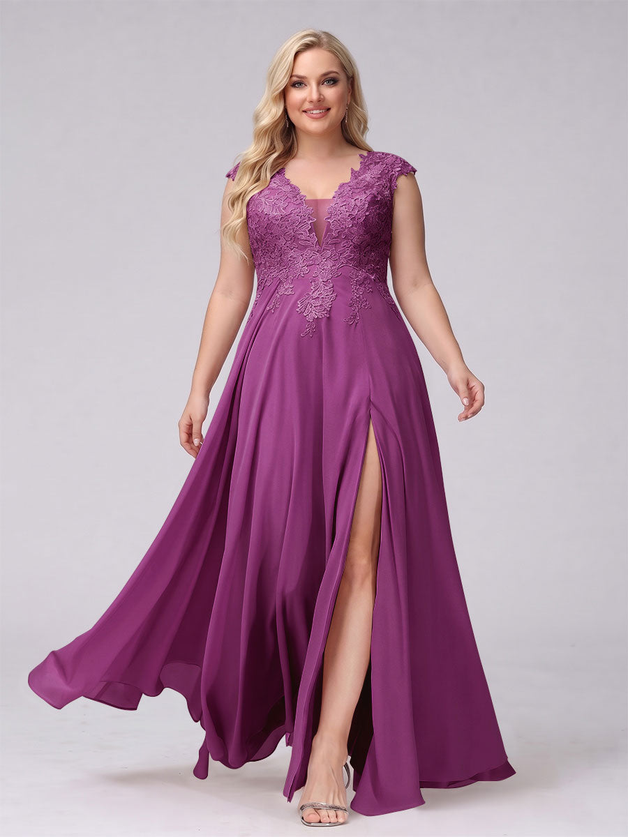 A-Line V-Neck Sleeveless Chiffon Long Plus Size Bridesmaid Dresses With Applique Split Side Orchid