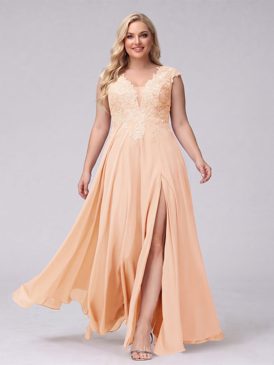 A-Line V-Neck Sleeveless Chiffon Long Plus Size Bridesmaid Dresses With Applique Split Side Peach Pink