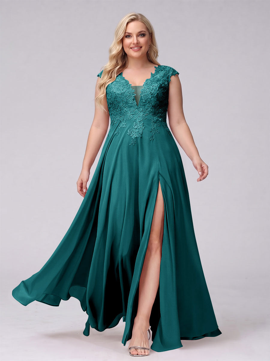 A-Line V-Neck Sleeveless Chiffon Long Plus Size Bridesmaid Dresses With Applique Split Side Peacock