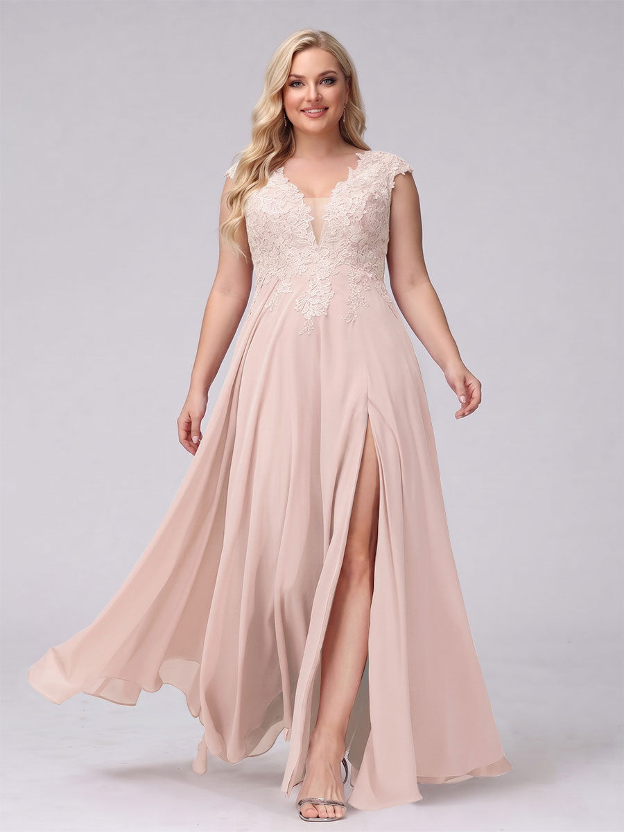 A-Line V-Neck Sleeveless Chiffon Long Plus Size Bridesmaid Dresses With Applique Split Side Pearl Pink