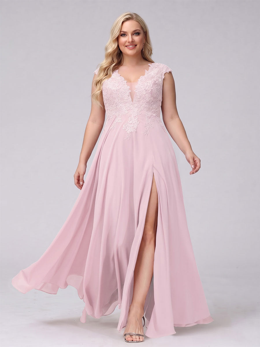 A-Line V-Neck Sleeveless Chiffon Long Plus Size Bridesmaid Dresses With Applique Split Side Pink
