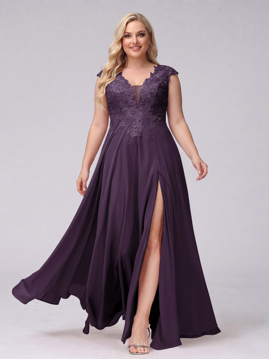A-Line V-Neck Sleeveless Chiffon Long Plus Size Bridesmaid Dresses With Applique Split Side Plum