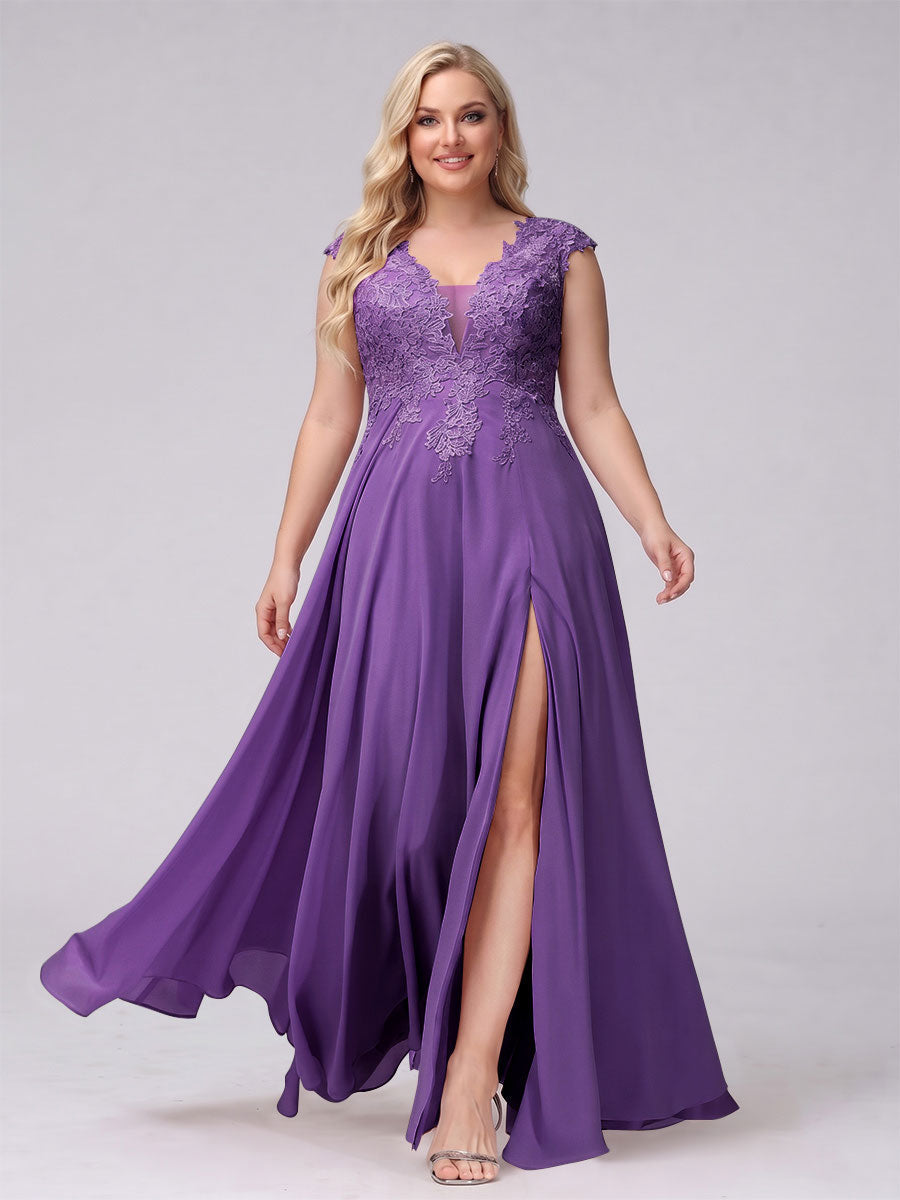 A-Line V-Neck Sleeveless Chiffon Long Plus Size Bridesmaid Dresses With Applique Split Side Purple