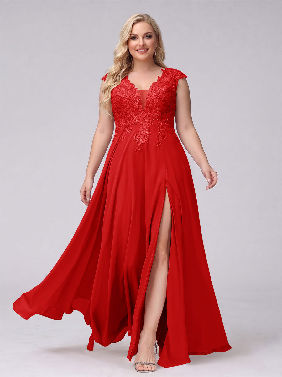 A-Line V-Neck Sleeveless Chiffon Long Plus Size Bridesmaid Dresses With Applique Split Side Red