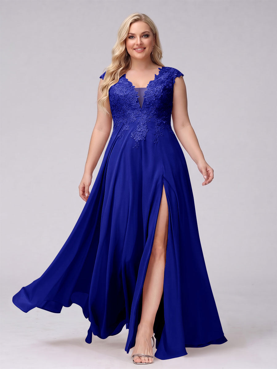 A-Line V-Neck Sleeveless Chiffon Long Plus Size Bridesmaid Dresses With Applique Split Side Royal Blue