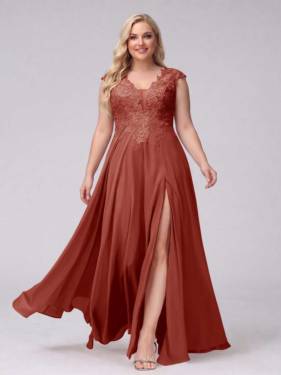 A-Line V-Neck Sleeveless Chiffon Long Plus Size Bridesmaid Dresses With Applique Split Side Rust