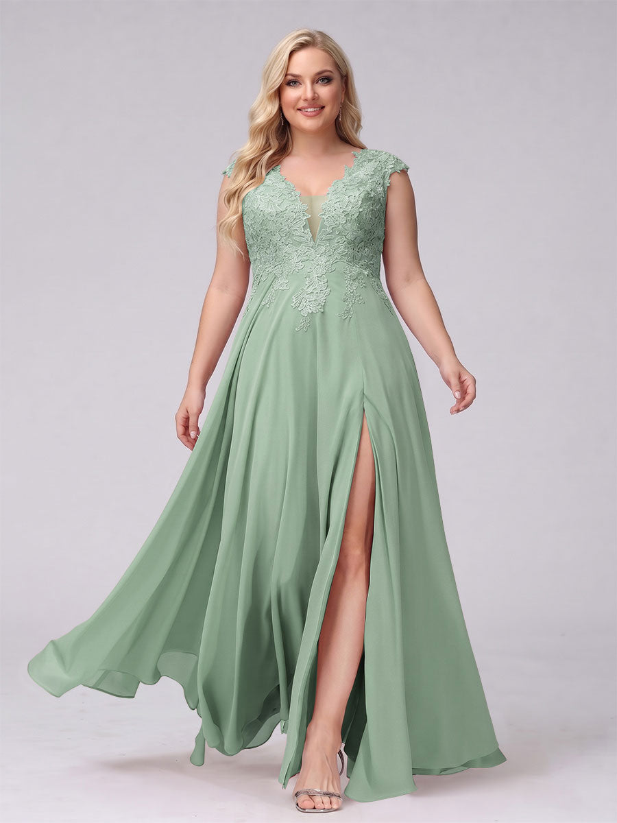 A-Line V-Neck Sleeveless Chiffon Long Plus Size Bridesmaid Dresses With Applique Split Side Sage