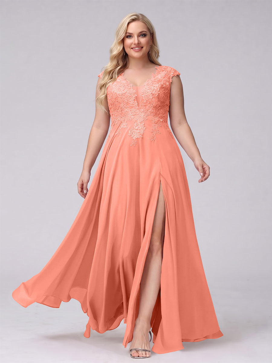 A-Line V-Neck Sleeveless Chiffon Long Plus Size Bridesmaid Dresses With Applique Split Side Salmon