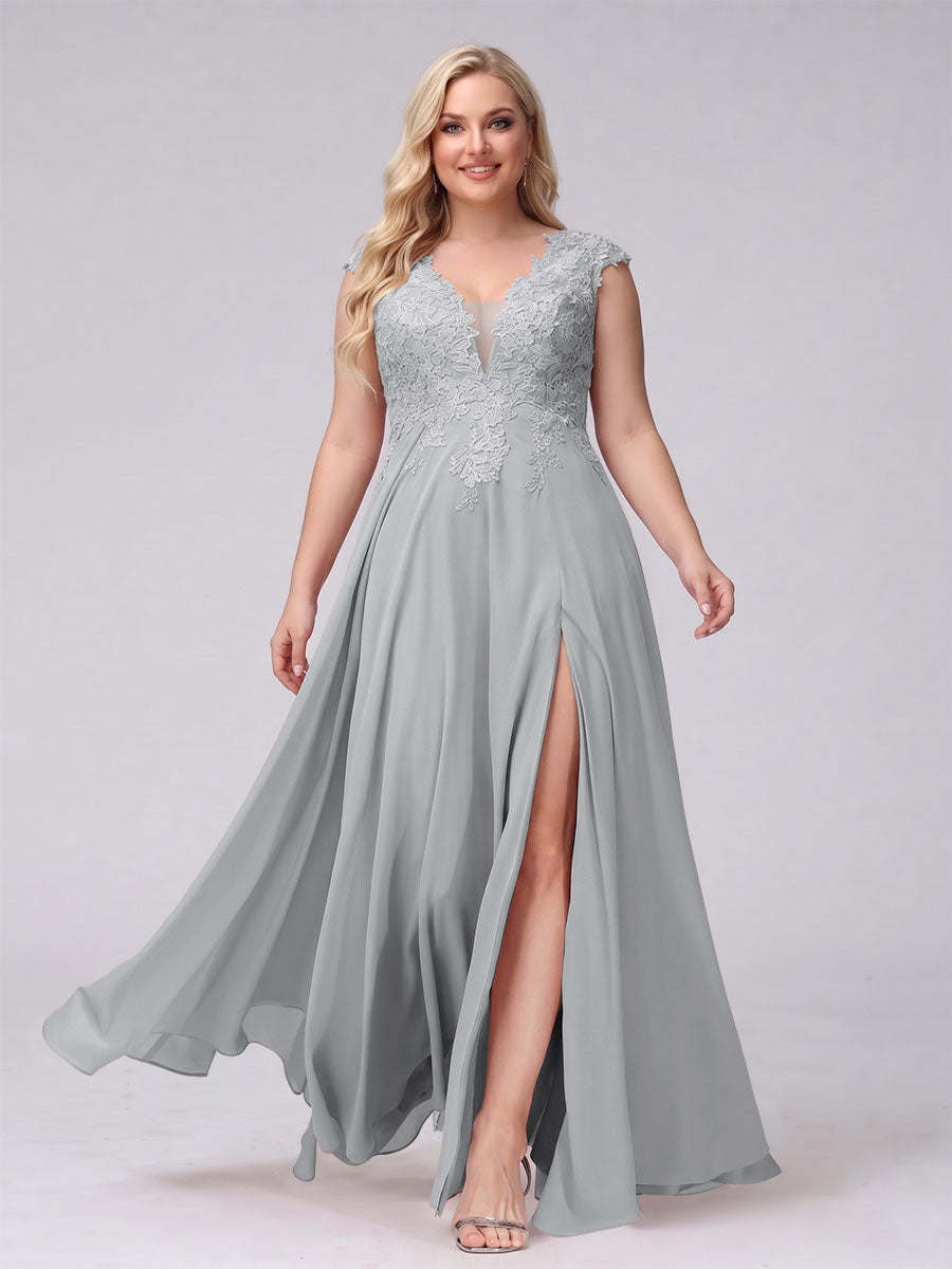 A-Line V-Neck Sleeveless Chiffon Long Plus Size Bridesmaid Dresses With Applique Split Side Silver