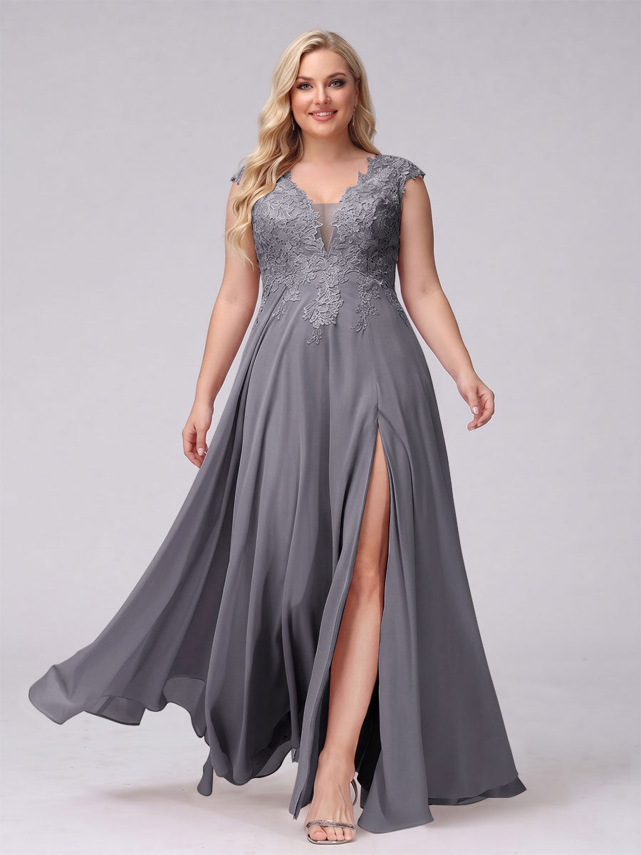 A-Line V-Neck Sleeveless Chiffon Long Plus Size Bridesmaid Dresses With Applique Split Side Silver Gray