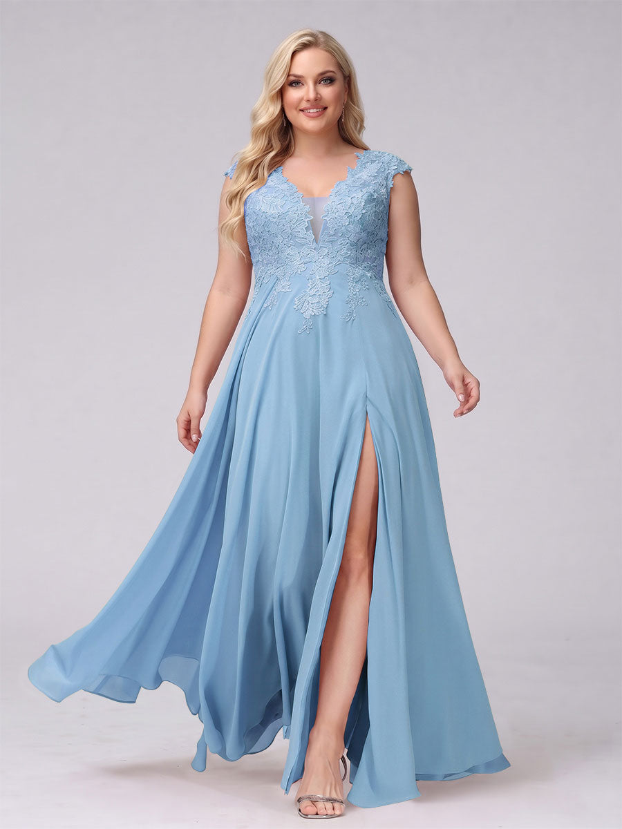 A-Line V-Neck Sleeveless Chiffon Long Plus Size Bridesmaid Dresses With Applique Split Side Sky Blue