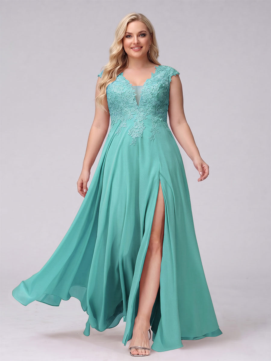 A-Line V-Neck Sleeveless Chiffon Long Plus Size Bridesmaid Dresses With Applique Split Side Spa