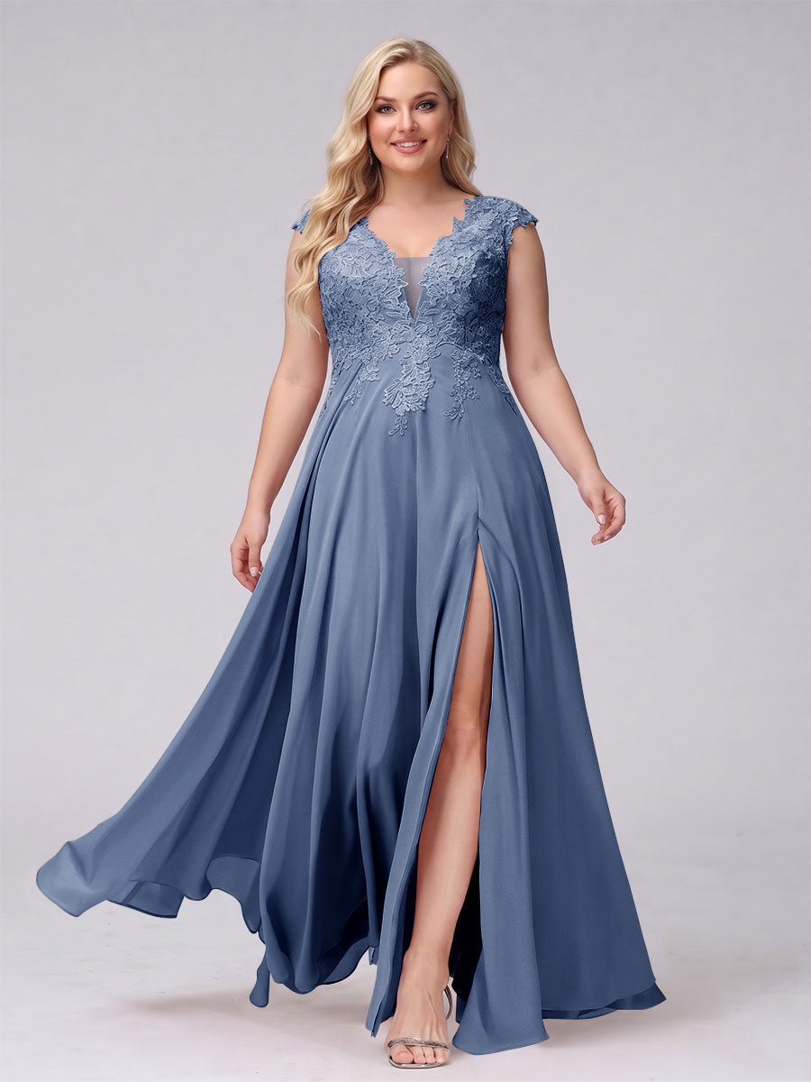 A-Line V-Neck Sleeveless Chiffon Long Plus Size Bridesmaid Dresses With Applique Split Side Steel Blue