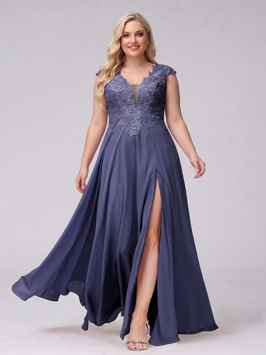 A-Line V-Neck Sleeveless Chiffon Long Plus Size Bridesmaid Dresses With Applique Split Side Stormy Blue