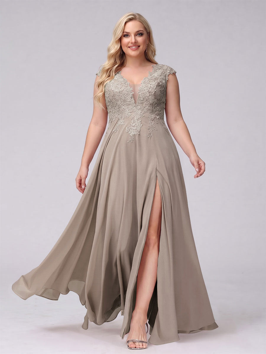 A-Line V-Neck Sleeveless Chiffon Long Plus Size Bridesmaid Dresses With Applique Split Side Taupe