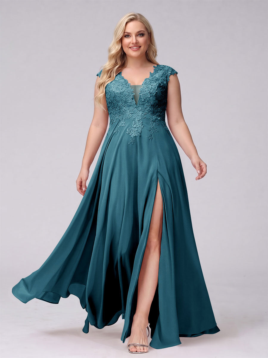 A-Line V-Neck Sleeveless Chiffon Long Plus Size Bridesmaid Dresses With Applique Split Side Teal