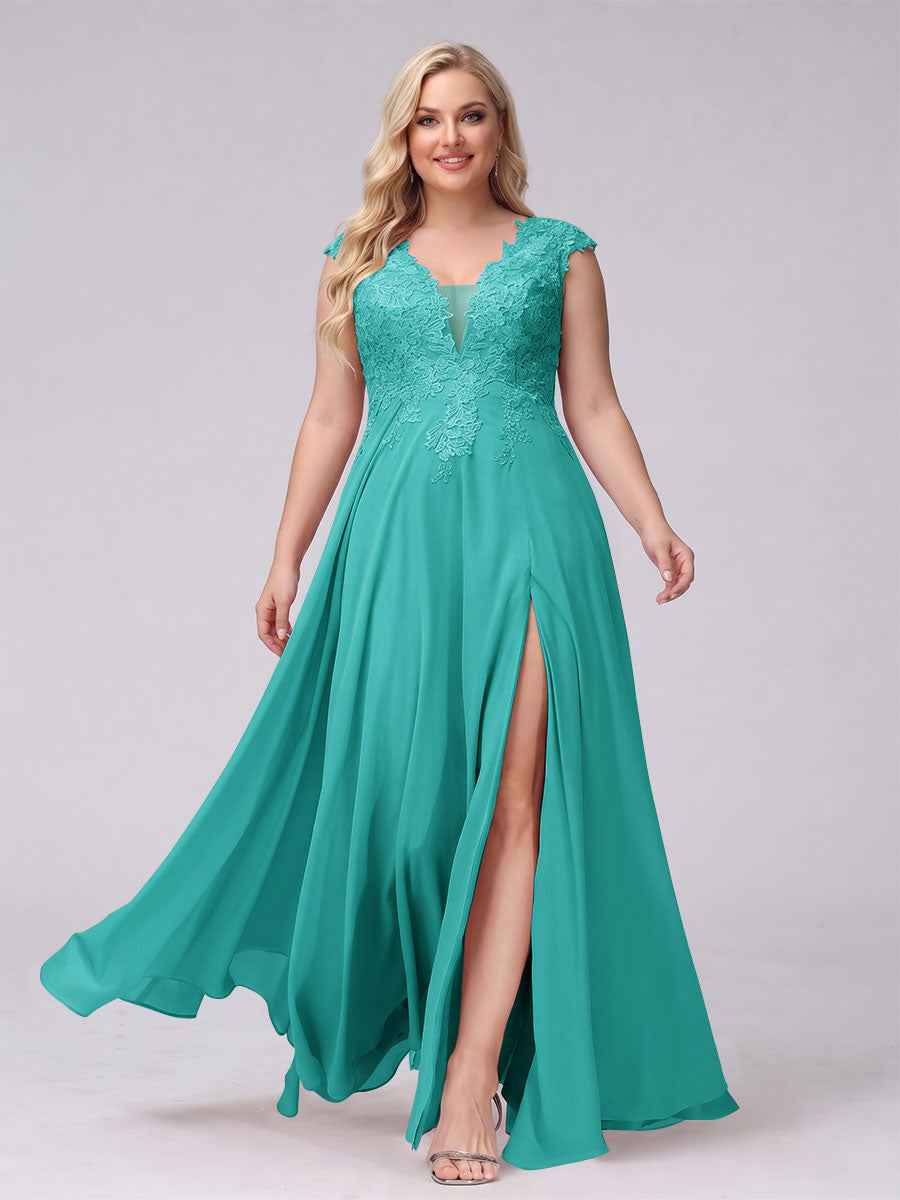 A-Line V-Neck Sleeveless Chiffon Long Plus Size Bridesmaid Dresses With Applique Split Side Turquoise