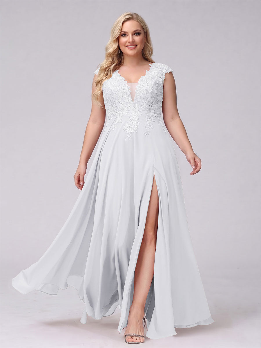 A-Line V-Neck Sleeveless Chiffon Long Plus Size Bridesmaid Dresses With Applique Split Side White