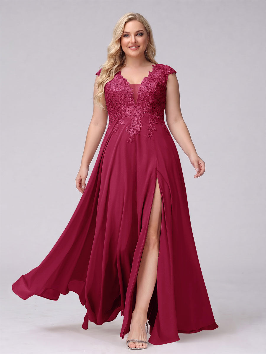 A-Line V-Neck Sleeveless Chiffon Long Plus Size Bridesmaid Dresses With Applique Split Side Wine Red