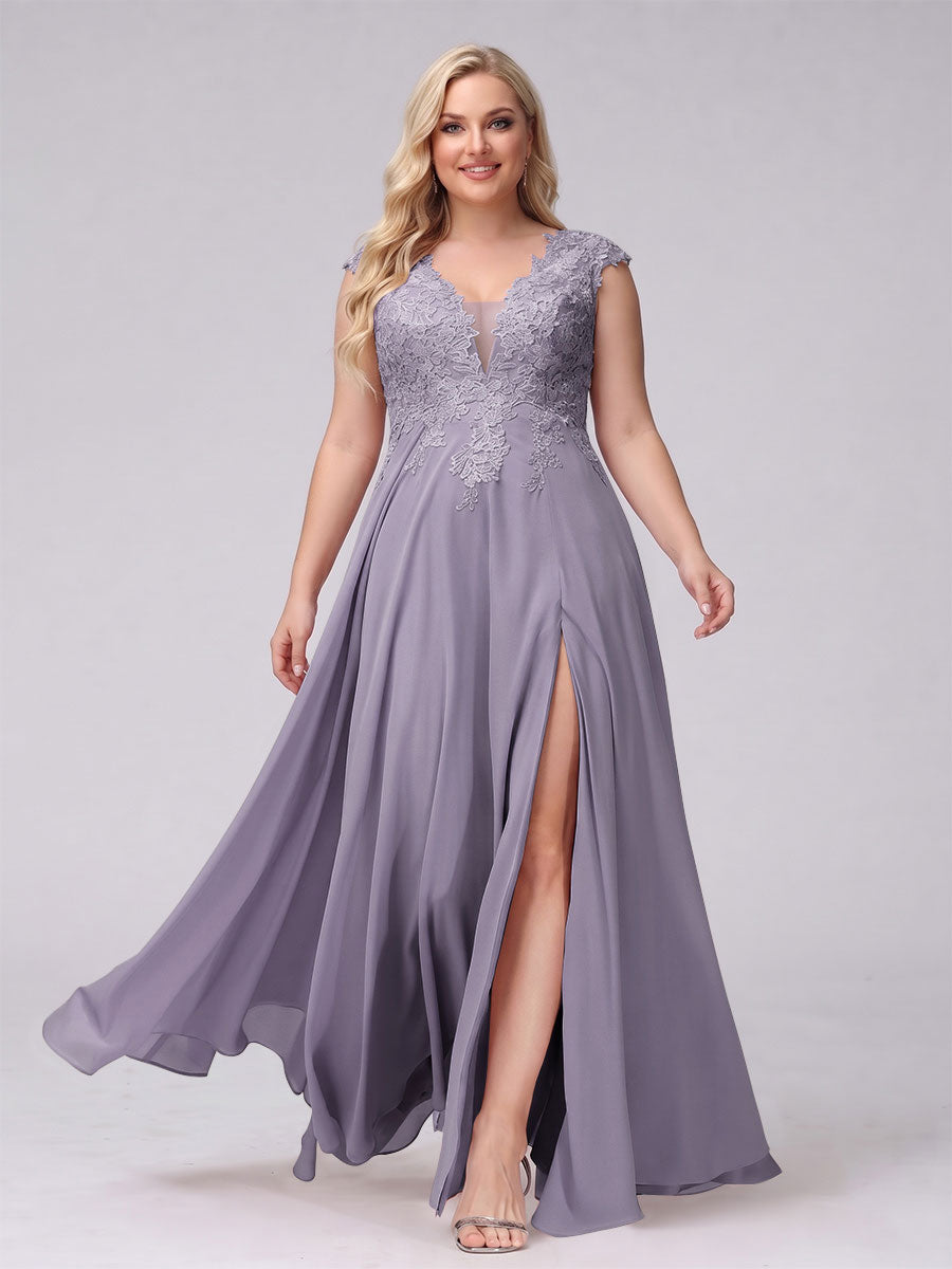 A-Line V-Neck Sleeveless Chiffon Long Plus Size Bridesmaid Dresses With Applique Split Side Wisteria