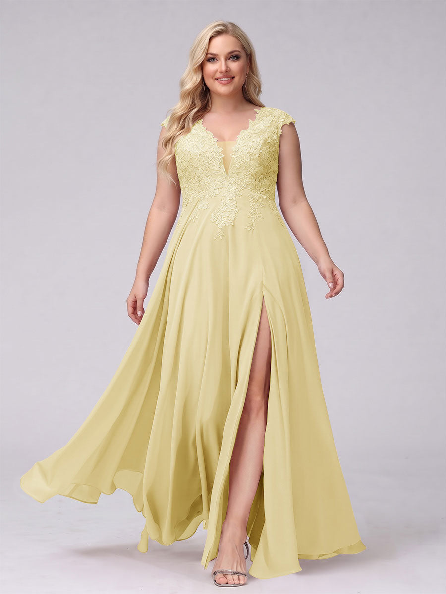 A-Line V-Neck Sleeveless Chiffon Long Plus Size Bridesmaid Dresses With Applique Split Side Yellow