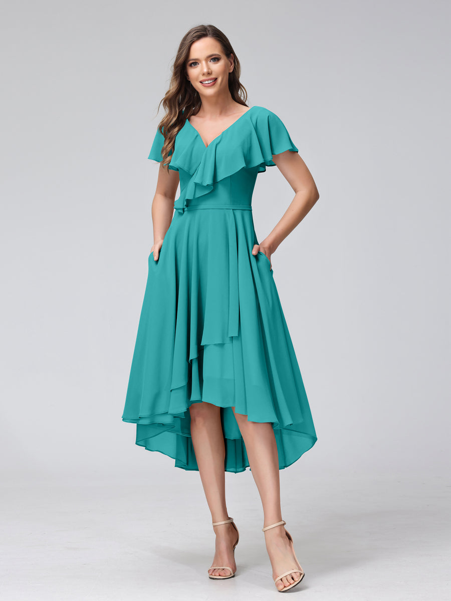 A-Line V-Neck Short Sleeves Asymmetrical Chiffon Bridesmaid Dresses With Pockets Aqua Blue