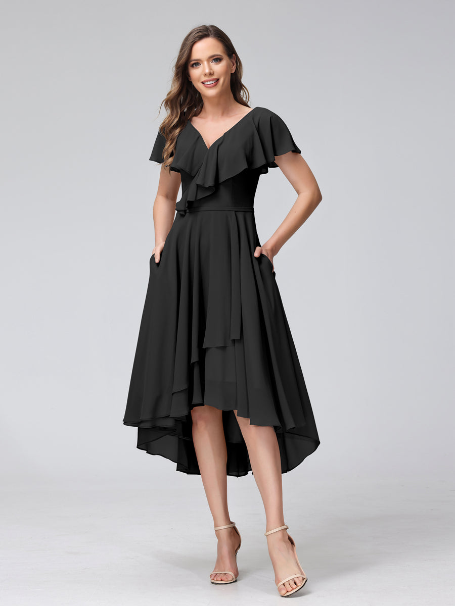 A-Line V-Neck Short Sleeves Asymmetrical Chiffon Bridesmaid Dresses With Pockets Black