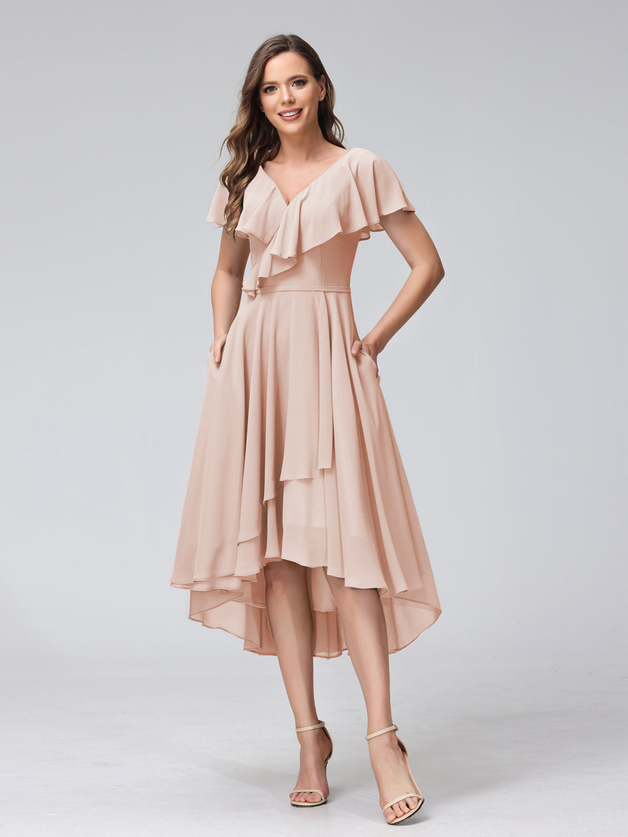 A-Line V-Neck Short Sleeves Asymmetrical Chiffon Bridesmaid Dresses With Pockets Blush Pink